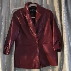 Womens Burgundy Faux Leather Blazer Jacket